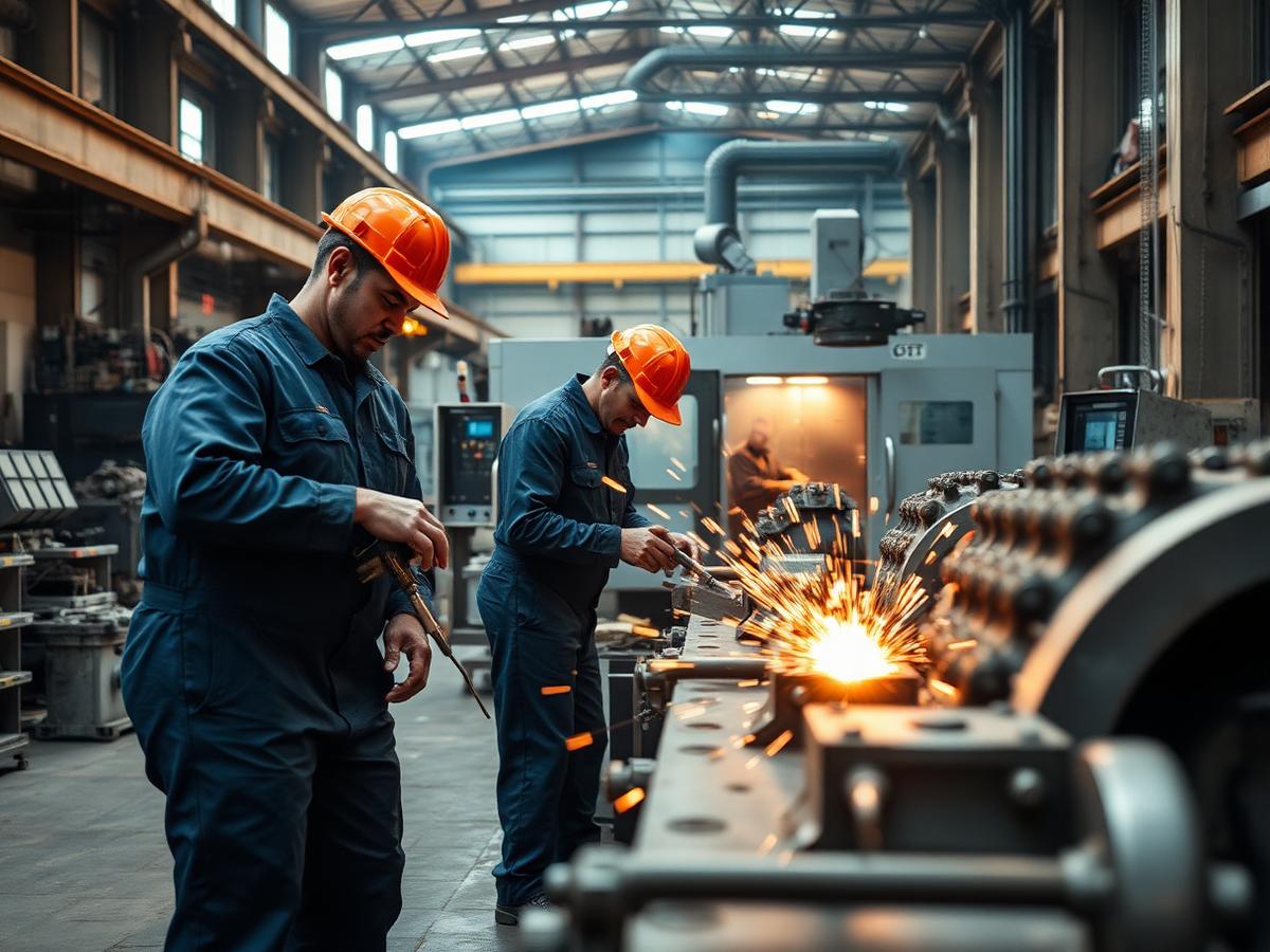 Heavy-industrial engineering workshop with skilled artisans and CNC machinery