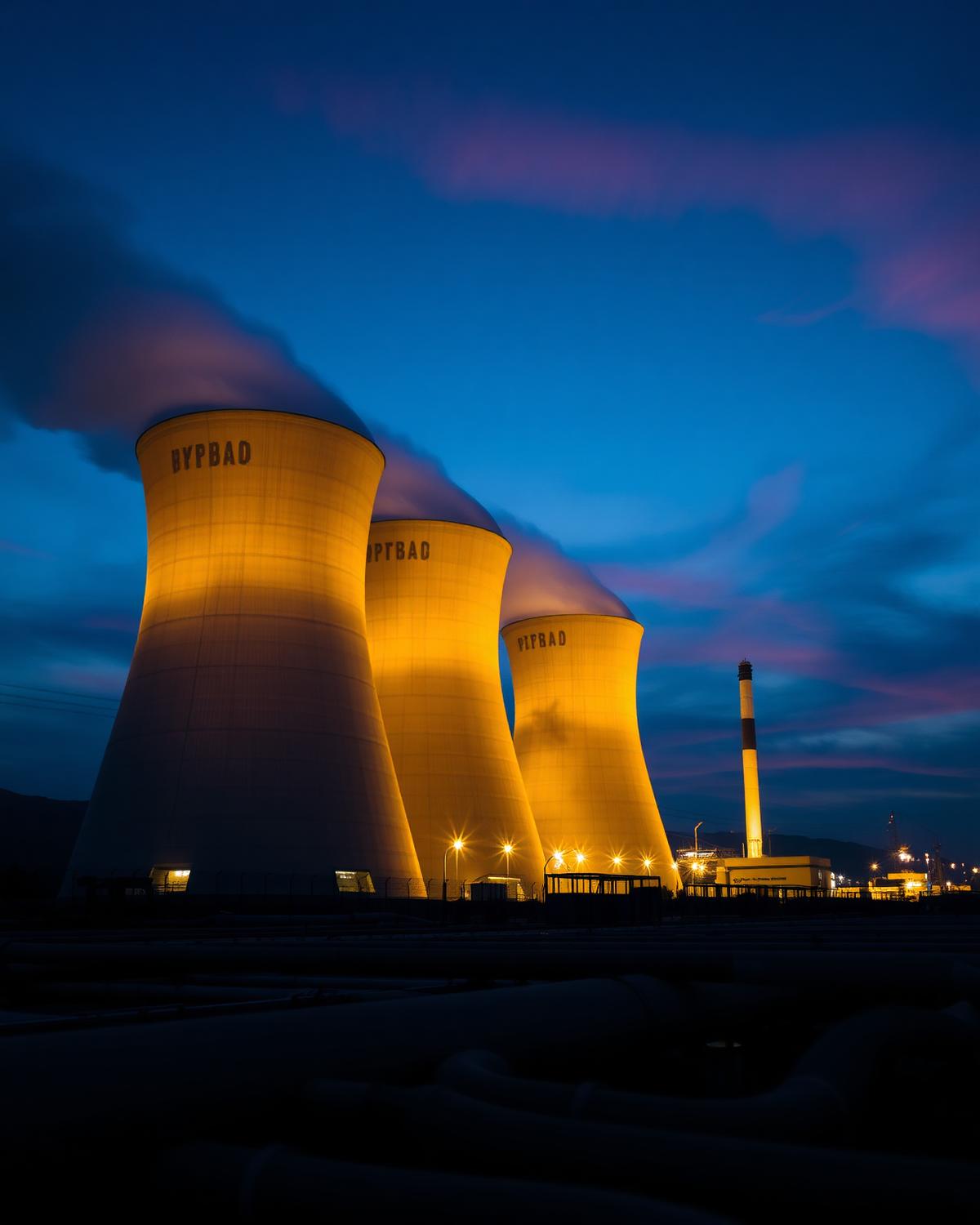 Coal-fired power station cooling towers illuminated at dusk